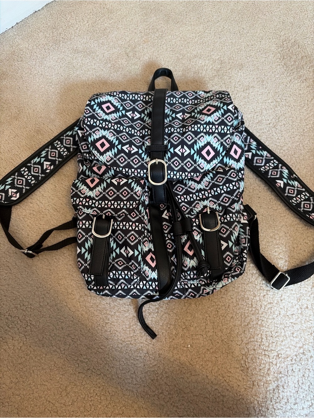 Black Aztec-Pattern Backpack with Pink & Teal Accents